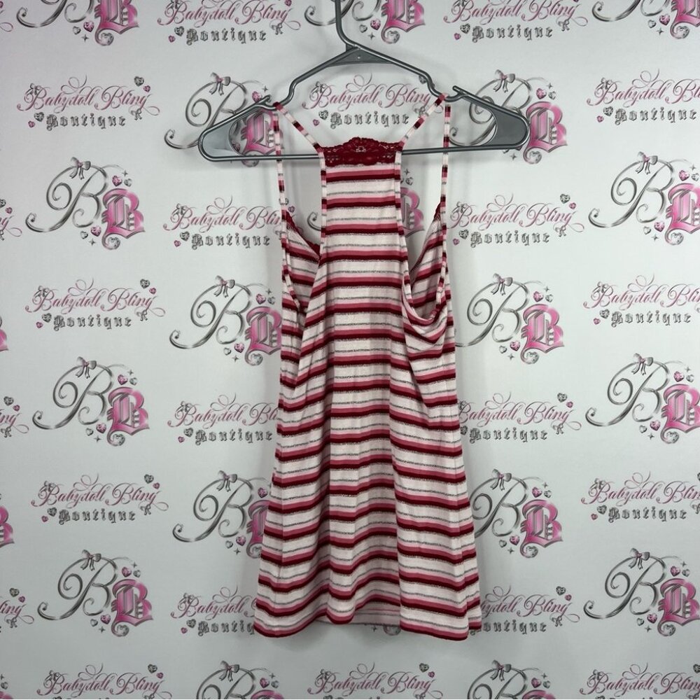 725 originals sparkly tank top stripe Red and White Striped Top with Lace Detail - Picture 3 of 8